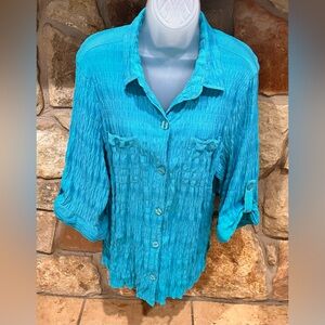 Dress Barn Gauzy Textured Aqua Blouse 1X 2X Button Down Roll Tab Sleeves